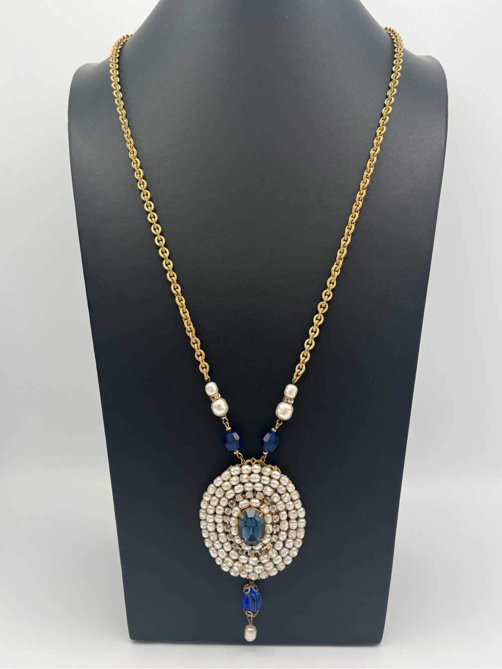 Signed Miriam Haskell Blue Rhinestone Pearl Filigree Pendant Necklace 28″